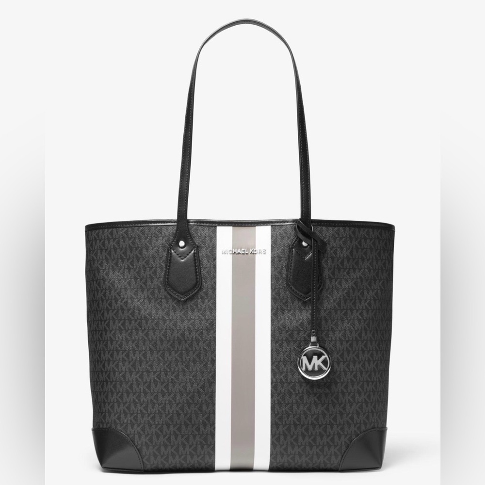 Michael Kors Large Signature Logo Striped Tote/Black, White & Gray/Taupe!   NWT - Picture 2 of 5